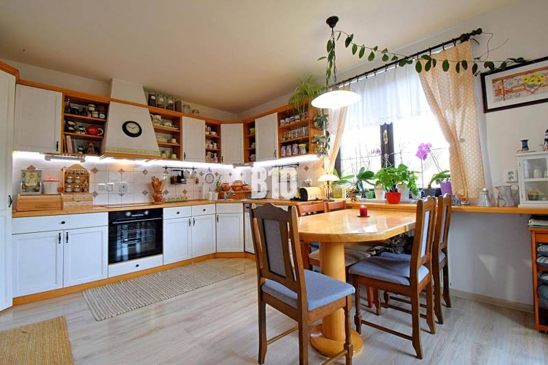 Zaujímavý rodinný dom s veľkým pozemkom, krásnou záhradou a bohatým pr - Kuchyňa v rodinnom dome s dreveným dekorom, množstvo rastlín a svetelných zdrojov.