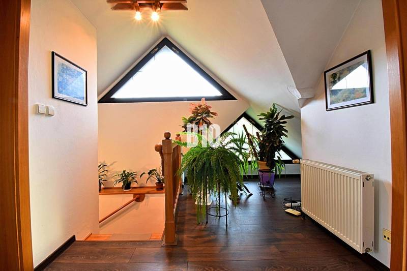 Zaujímavý rodinný dom s veľkým pozemkom, krásnou záhradou a bohatým pr - Interiér rodinného domu s rastlinami, trojuholníkovými oknami a podlahou s dreveným dekorom.