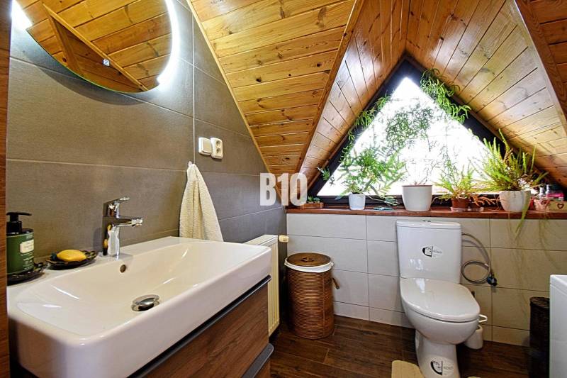 Zaujímavý rodinný dom s veľkým pozemkom, krásnou záhradou a bohatým pr - Kúpeľňa v rodinnom dome s dreveným dekorom a rastlinami na parapete.