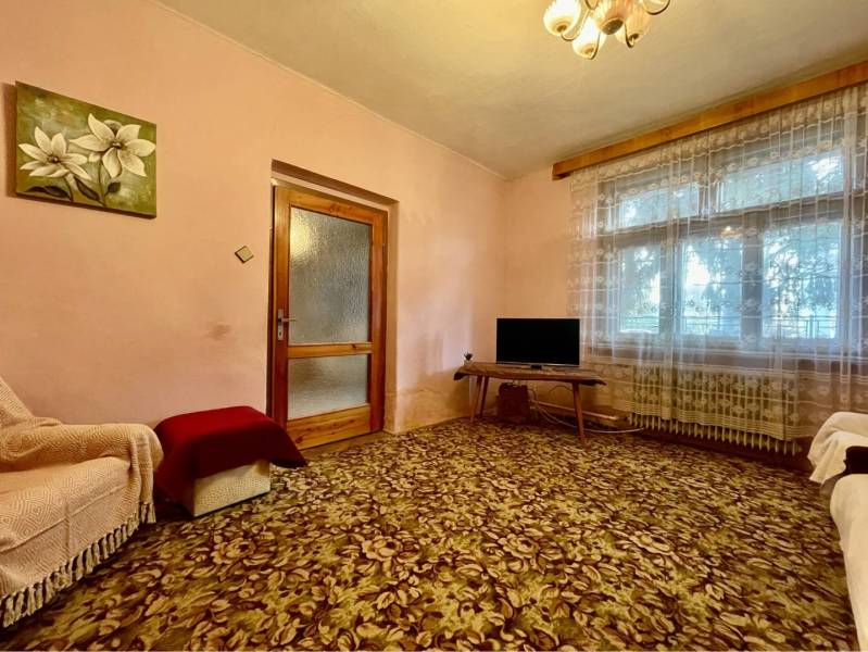 TOPOĽNÍKY – 4-IZBOVÝ RODINNÝ DOM NA PREDAJ NA 14 ÁROVOM POZEMKU - Obývacia izba v rodinnom dome s kobercom, sedačkou a televíziou, s obrazom na stene.