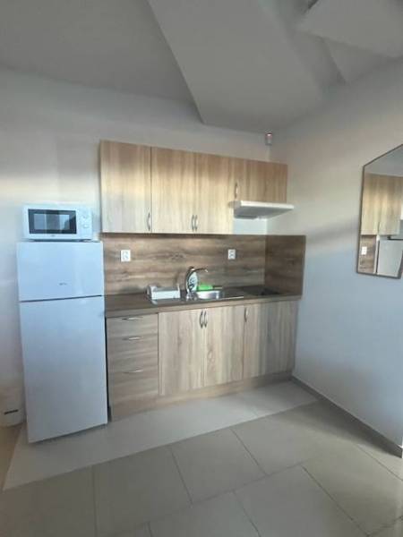 Apartmány na prenájom. - Kuchyňa obsahuje drevenú linku, drez, chladničku, mikrovlnku a digestor.