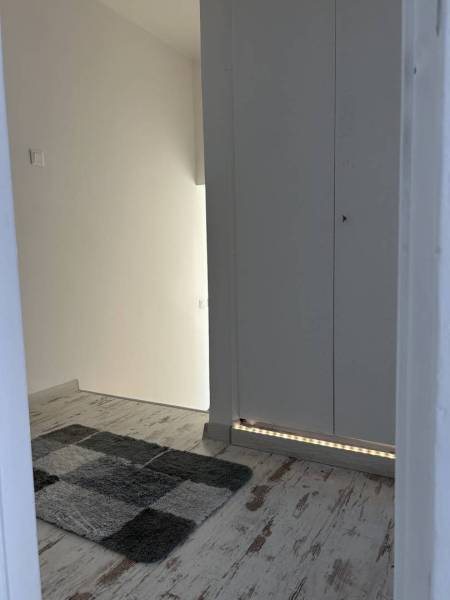 Ůžasný rodinný dom v obci Trstice. - Vstupná chodba v rodinnom dome s podlahou s dreveným dekorom a vzorovaným kobercom.
