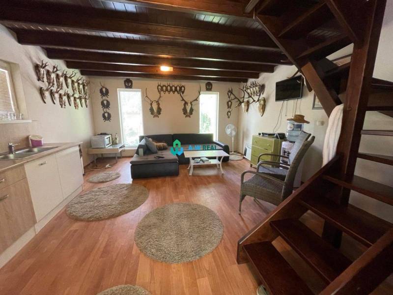 Odstúpenie nájomnej zmluvy - rekreačná chata v obci Bodíky!!! Cena  84 - Interiér chaty na ulici Bodíky so schodiskom, pohovkou a dekorom z parožia.