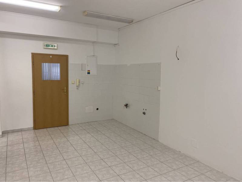 Skvelá ponuka!!! Prenájom nebytového priestoru na podnikateľské účely  - Interiér budovy s keramickou dlažbou, drevenými dverami a svetlými stenami.