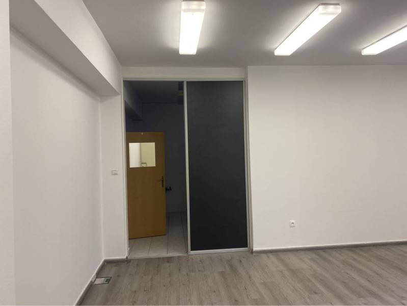 Skvelá ponuka!!! Prenájom nebytového priestoru na podnikateľské účely  - Interiér budovy s podlahou s dreveným dekorom a osvetlením, jednoduché steny a dvere.