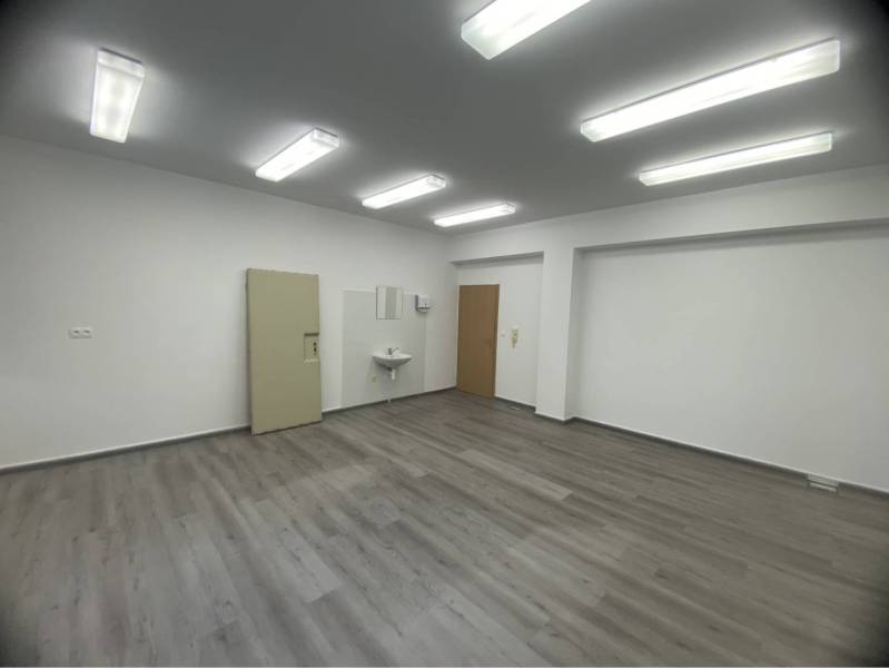 Skvelá ponuka!!! Prenájom nebytového priestoru na podnikateľské účely  - Interiér budovy s podlahou s dreveným dekorom, umývadlom a stropnými svetlami.