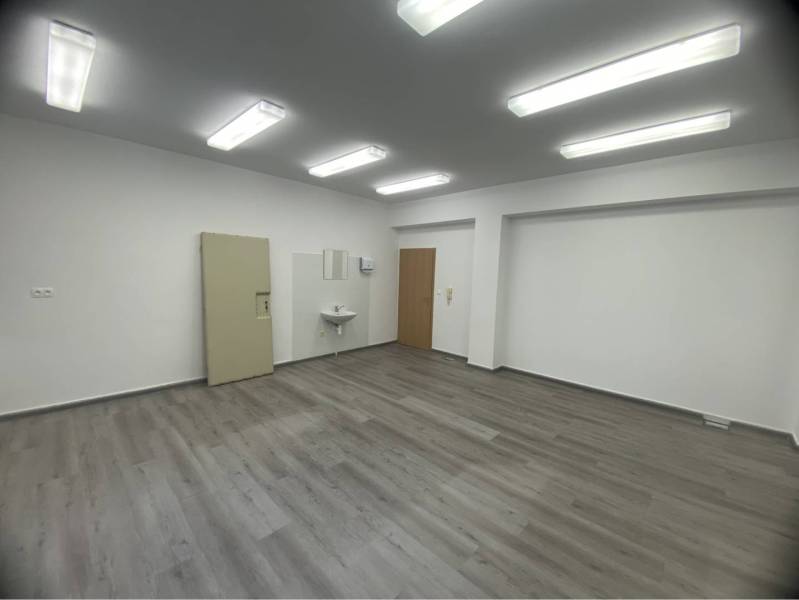 Skvelá ponuka!!! Prenájom nebytového priestoru na podnikateľské účely  - Interiér budovy s bielymi stenami, podlahou s dreveným dekorom a umývadlom.