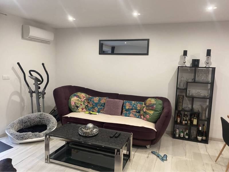 Na predaj: 3-izbový rodinný dom na predaj v obci Lesné Kračany - Obývačka v rodinnom dome s pohovkou, zrkadlom, policou a rotopedom, podlaha s dreveným dekorom.