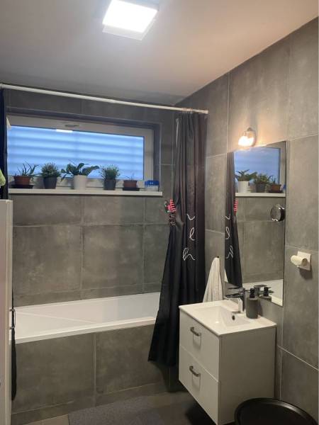 Na predaj: 3-izbový rodinný dom na predaj v obci Lesné Kračany - Kúpeľňa v rodinnom dome s vaňou, umývadlom a rastlinami na parapete.