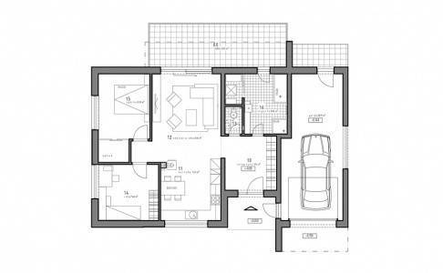 4. ETAPA!!! MODERNÁ NOVOSTAVBA - 3 izbový nízkoenergetický bungalov vy - Pôdorys zobrazuje rodinný dom s garážou, miestnosťami a terasou na ulici neuvedené.