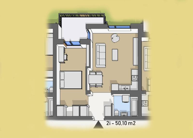 Úžasné 2 a 3 - izbové byty v obytnom parku KISERDŐ LAKÓPARK - Pôdorys znázorňuje usporiadanie 2-izbového bytu, s kuchyňou, obývacou izbou a spálňou.