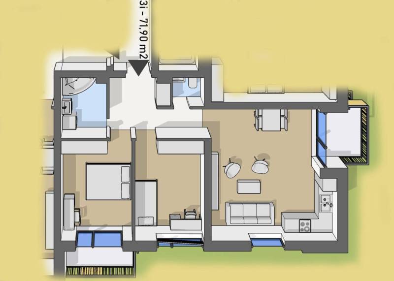 Úžasné 2 a 3 - izbové byty v obytnom parku KISERDŐ LAKÓPARK - Pôdorys zobrazuje 2-izbový byt s obývacou izbou a kuchyňou, na ulici neuvedené.