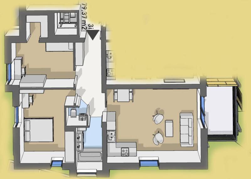 Úžasné 2 a 3 - izbové byty v obytnom parku KISERDŐ LAKÓPARK - Pôdorys 2-izbového bytu s kuchyňou a kúpeľňou na ulici neuvedené.