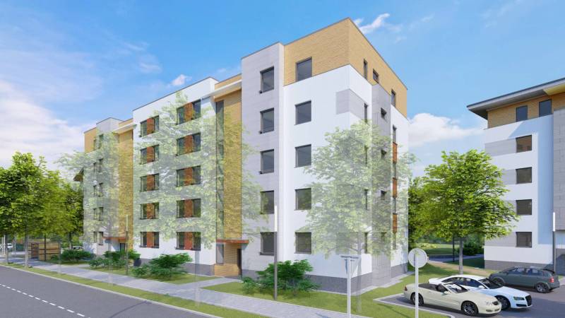 Úžasné 2 a 3 - izbové byty v obytnom parku KISERDŐ LAKÓPARK - Vizualizácia bytového domu na ulici neuvedené, ukazuje moderné 2-izbové byty v susedstve.