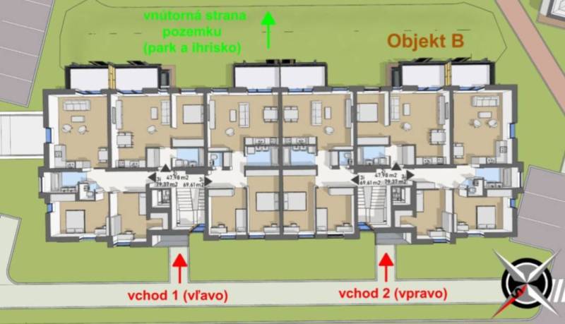 Úžasné 2 a 3 - izbové byty v obytnom parku KISERDŐ LAKÓPARK - Pôdorys objektu B s vchodmi, priestranné 2-izbové byty, blízko park a ihrisko.