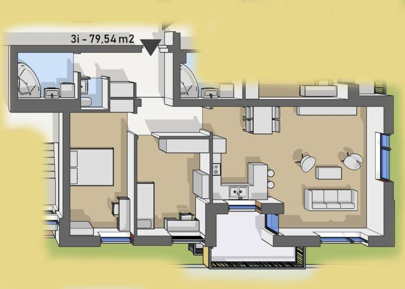 Úžasné 2 a 3 - izbové byty v obytnom parku KISERDŐ LAKÓPARK - Pôdorys 3-izbového bytu na ulici, obsahuje kuchyňu, obývačku, dve spálne, kúpeľňu.