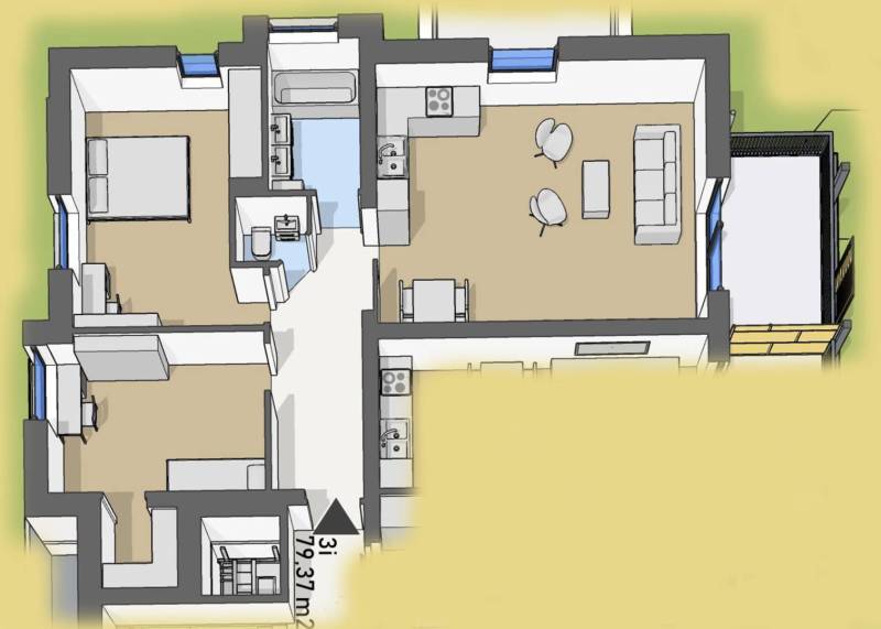 Úžasné 2 a 3 - izbové byty v obytnom parku KISERDŐ LAKÓPARK - Pôdorys zobrazuje 2-izbový byt na ulici neuvedené s kuchyňou, obývačkou a kúpeľňou.