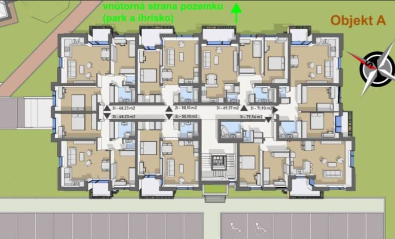 Úžasné 2 a 3 - izbové byty v obytnom parku KISERDŐ LAKÓPARK - Pôdorys ukazuje dispozičné rozloženie bytov, 2-izbový byt je orientovaný na ulici.