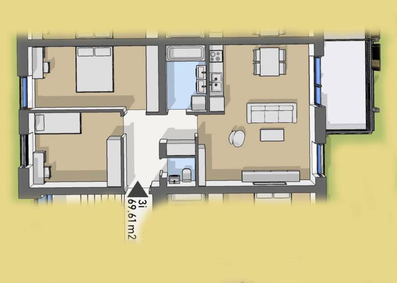 Úžasné 2 a 3 - izbové byty v obytnom parku KISERDŐ LAKÓPARK - Pôdorys zobrazuje 2-izbový byt s kuchyňou, obývačkou a kúpeľňou, na ulici neuvedené.