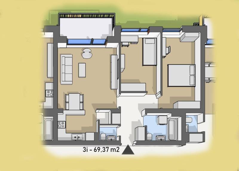 Úžasné 2 a 3 - izbové byty v obytnom parku KISERDŐ LAKÓPARK - Pôdorys bytu s obývačkou, kuchyňou, spálňou a kúpeľňou. Veľkosť 69,37 m², na ulici neuvedené.