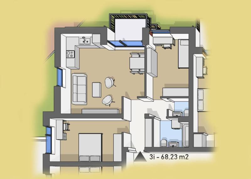 Úžasné 2 a 3 - izbové byty v obytnom parku KISERDŐ LAKÓPARK - Pôdorys 3-izbového bytu s kuchyňou spojenou s obývačkou, kúpeľňou a dvoma spálňami.