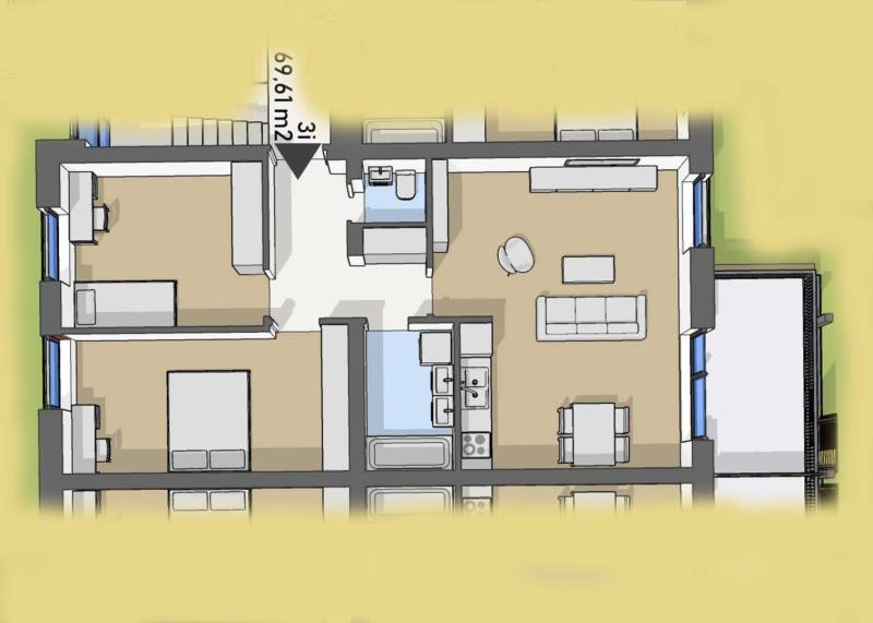 Úžasné 2 a 3 - izbové byty v obytnom parku KISERDŐ LAKÓPARK - Pôdorys 2-izbového bytu s kúpeľňou a kuchyňou, na ulici neuvedené.