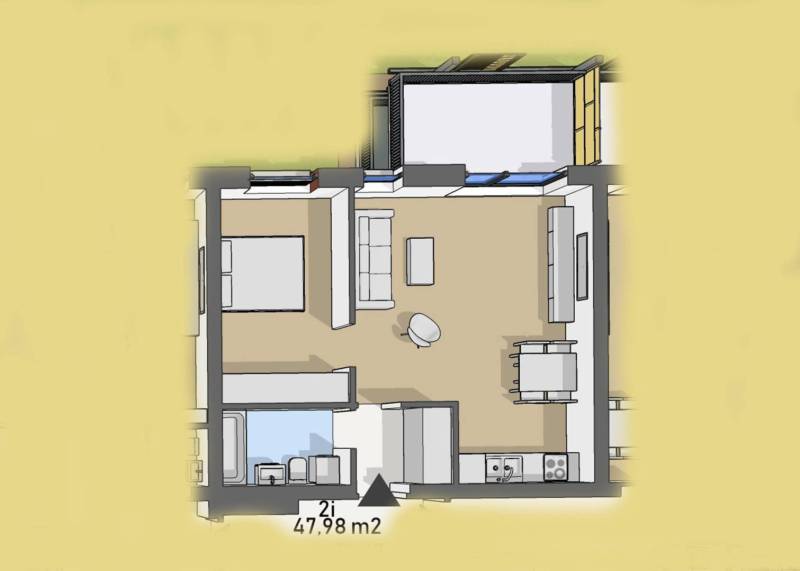 Úžasné 2 a 3 - izbové byty v obytnom parku KISERDŐ LAKÓPARK - Pôdorys 2-izbového bytu, zahŕňa obývaciu izbu, spálňu, kuchyňu a kúpeľňu.