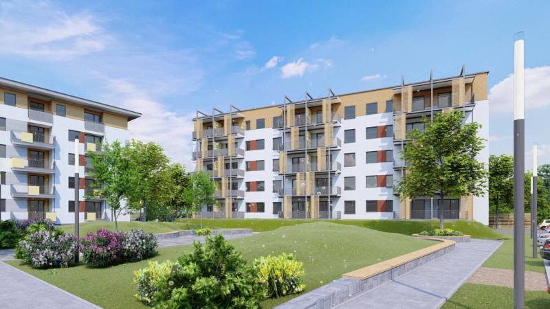 Úžasné 2 a 3 - izbové byty v obytnom parku KISERDŐ LAKÓPARK - Na ulici neuvedené, moderné bytovky, zeleni obklopené, s 2-izbovým bytom, pozadie parkovisko.