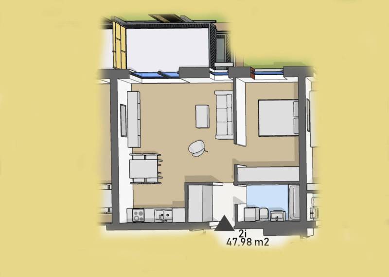 Úžasné 2 a 3 - izbové byty v obytnom parku KISERDŐ LAKÓPARK - Pôdorys 2-izbového bytu s kuchyňou a obývačkou na ulici neuvedené.