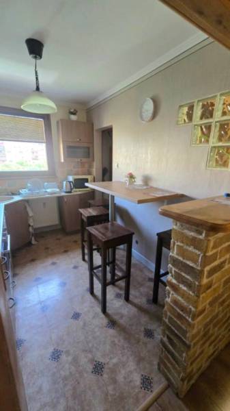 Na prenájom 3-izbový zariadený byt - Dunajská Streda - Kuchyňa v 3-izbovom byte s barovým pultom, tehlovým obložením a dekoratívnymi dlaždicami.