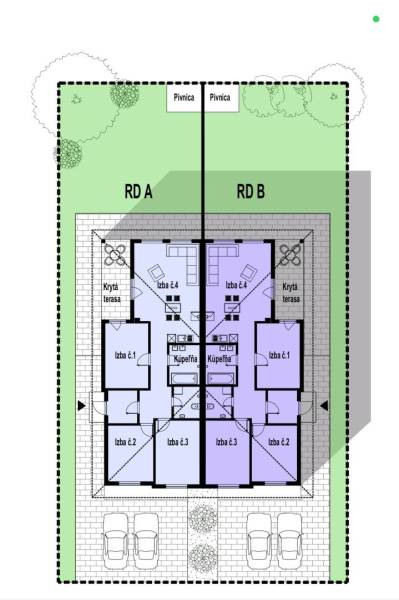 4izbový rodinný dom - Horná Potôň - Pôdorys dvoch rodinných domov v Hornej Potôni na Dlhej ulici, záhradné usporiadanie.