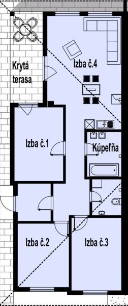 4izbový rodinný dom - Horná Potôň - Pôdorys rodinného domu s krytou terasou, štyrmi izbami a kúpeľňou.