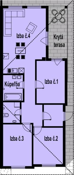 4izbový rodinný dom - Horná Potôň - Pôdorys rodinného domu s tromi izbami, kúpeľňou a krytou terasou.