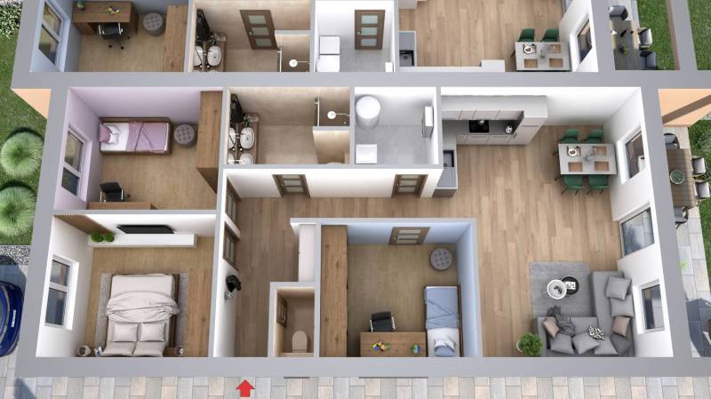 Predané - 4izbový rodinný dom (dvojdom) v obci Horná Potôň! - Pôdorys Rodinného domu s podlahou s dreveným dekorom, dvoma spálňami a obývačkou.