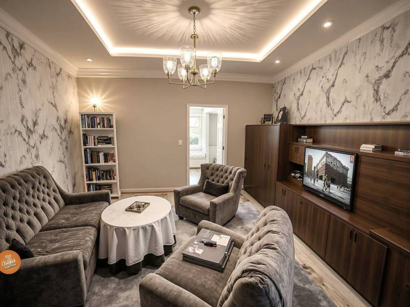 Znížená Cena!Na predaj rodinný dom vo Vrakúni, blízko Dunajskej Stredy - Obývacia izba v rodinnom dome s pohodlnými sedačkami a podlahou s dreveným dekorom.