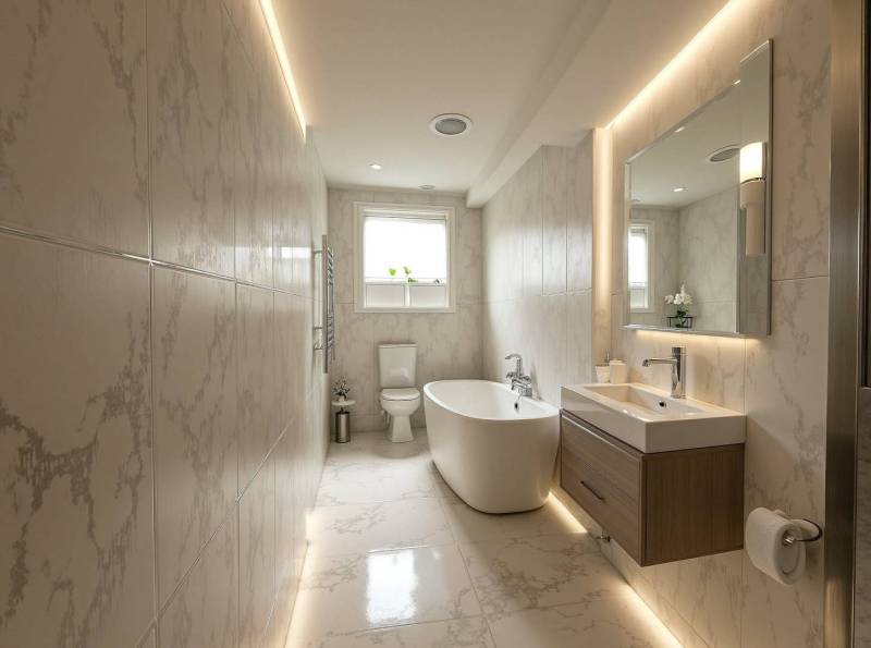 Znížená Cena!Na predaj rodinný dom vo Vrakúni, blízko Dunajskej Stredy - Kúpeľňa v rodinnom dome s vaňou, umývadlom a zrkadlom, obložená svetlými kachličkami.