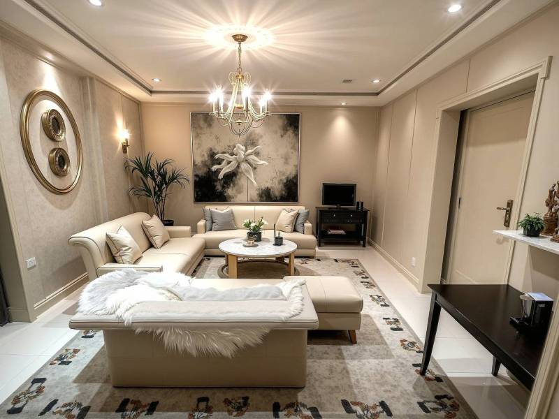 Znížená Cena!Na predaj rodinný dom vo Vrakúni, blízko Dunajskej Stredy - Obývačka v rodinnom dome s krémovým sedačkou, koberec, umelecké diela na stenách.