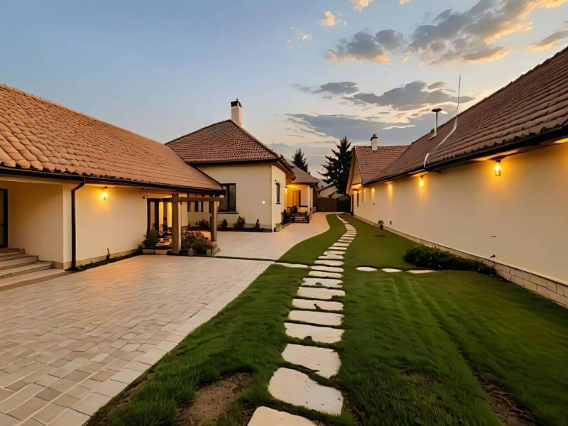 Znížená Cena!Na predaj rodinný dom vo Vrakúni, blízko Dunajskej Stredy - Rodinný dom vo Vrakúni s osvetleným dvorom a kamenistou cestou pri západe slnka.