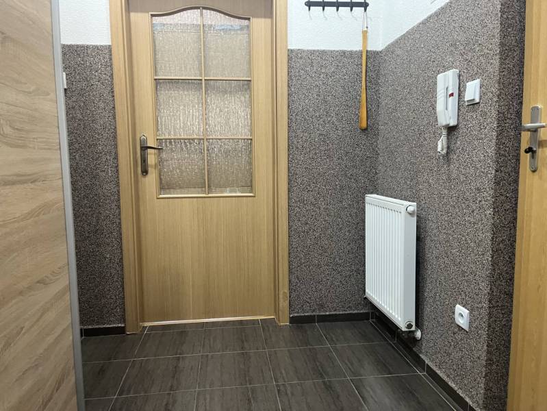 Štartovací 2-izbový byt s balkónom a klimatizáciou – Ohrady - Interiér 2-izbového bytu s dlažbou, radiátorom, dverami so sklom a svetlými stenami.