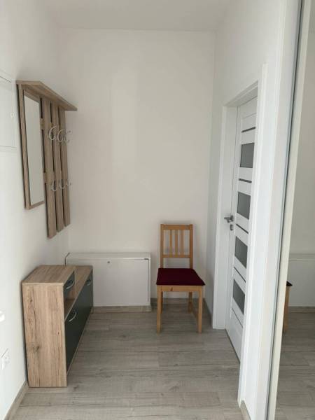 Prenájom 2-izbového bytu, Dunajská Streda - Chodba v 2-izbovom byte s podlahou s dreveným dekorom, botník, vešiak.