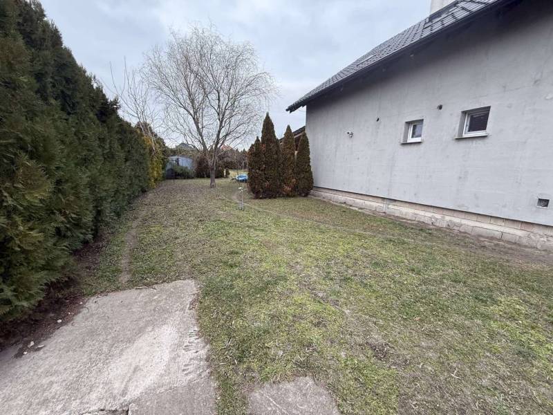 Predaj rodinného domu, Dunajská Streda - Rodinný dom v Dolnom Štále s upravenou záhradou, ihličnanmi a holým stromom.