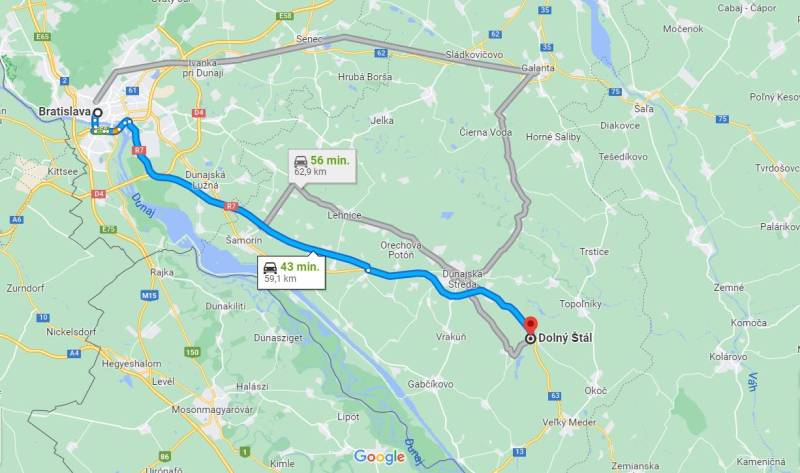 ☎️ 0918197701-Predám 3 izbový byt s loggiou po kompletnej rekonštrukci - Mapa zobrazujúca trasu z Bratislavy do Dolného Štálu, vrátane dvoch časových úsekov.