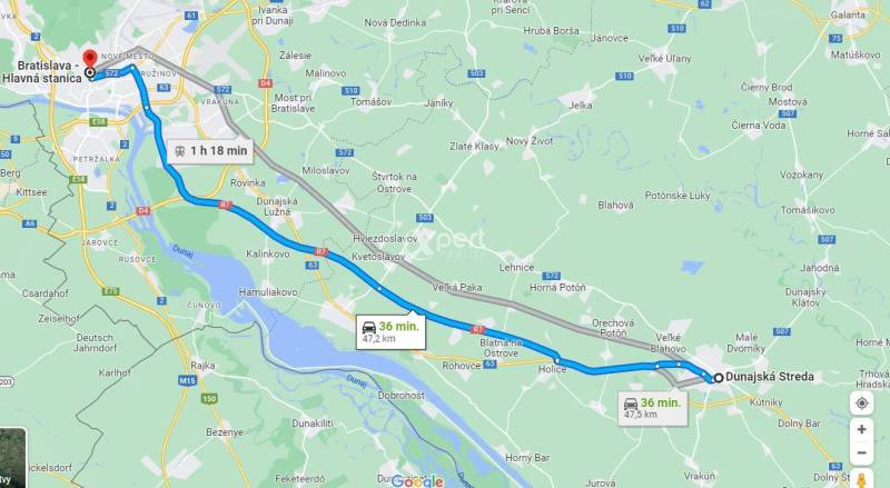 ☎️ 0918197701-Na prenájom obchodný priestor 30 m2 v centre mesta Dunaj - Mapa ukazuje trasu z Dunajskej Stredy do Bratislavy, vrátane časových odhadov rôznych ciest.