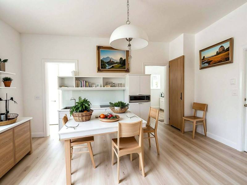 ☎️ 0918197701- Na predaj starší rodinný dom vhodný na kompletnú presta - Kuchyňa v rodinnom dome s podlahou s dreveným dekorom, bielym nábytkom a obrazmi.