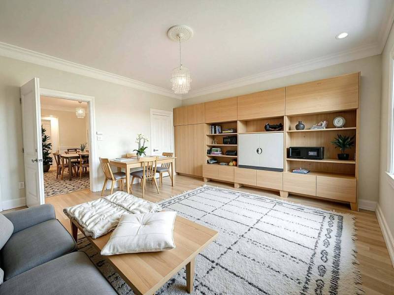 ☎️ 0918197701- Na predaj starší rodinný dom vhodný na kompletnú presta - Obývacia izba v rodinnom dome s dreveným dekorom, pohodlným gaučom a jedálenským stolom.