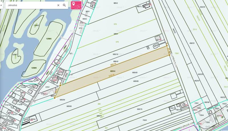 ☎️ 0918197701-IBA U NÁS !!  Na predaj investičný pozemok na výstavbu 1 - Katastrálna mapa Zvláštnych nehnuteľností v Jahodnej s hranicami pozemkov a vodnými plochami.
