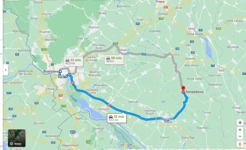 ☎️ 0918197701-Predám stavebný pozemok v obci Tomášikovo - Mapa s trasami z Bratislavy do Tomášikova, ponúkajúce rôzne dopravné možnosti.