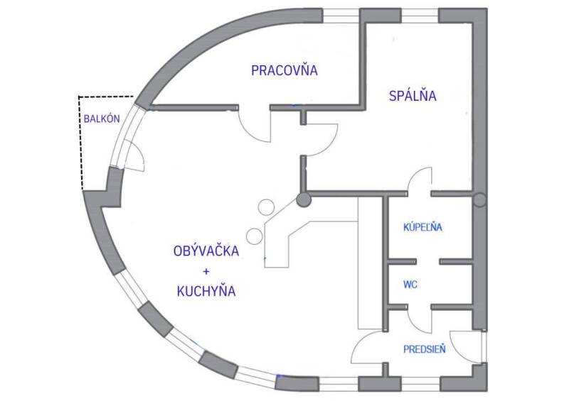 ☎️ 0918197701   Na predaj  elegantný 3 izbový byt priamo v centre Duna - Pôdorys 3-izbového bytu s balkónom, pracovňou, obývačkou s kuchyňou, kúpeľňou a WC.