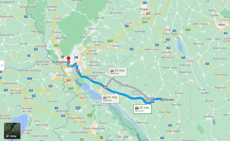 ☎️ 0918/197 701  ZNÍŽENÁ CENA   159 000,- €   Na predaj 3 izbový rodin - Mapa zobrazuje trasu medzi Ohradmi a Bratislavou s odhadovaným časom cesty.