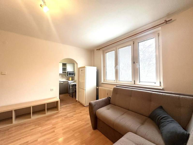 REZERVOVANÉ  ☎️ 0918/197 701 Na prenájom garsónka blízkosti centra mes - Rekreačný apartmán s pohovkou, podlahou s dreveným dekorom a kuchyňou v pozadí.